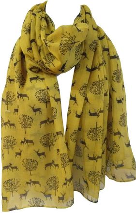 GlamLondon Deer and Trees Scarf Christmas Reindeer Stag Ladies Large Festive Party Gift (Mustard Yellow)