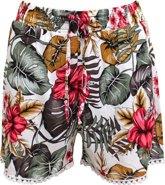 Generic Womens Floral Printed Pom-Pom Trim Cotton Summer Shorts (as8, Alpha, s, m, Regular, Regular, White Tropical Print)