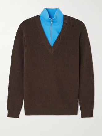 Tibi Pullover A Strati In Misto Lana A Coste Con Finiture In Maglia E Mezza Zip - Marrone
