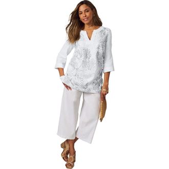 Jessica London Linen V-Neck Embroidered Tunic in White Black Leaf Embroidery at Nordstrom, Size 18