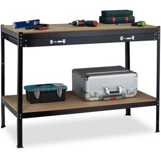 Relaxdays Relaxdays - Banco Trabajo Con Caj&oacute;n, 2 Niveles, Taller Y Garaje, Acero Y Mdf, Mesa Carpintero, 90,5 X 121 X 63,5 Cm, Negro