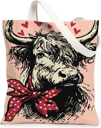 Generic Cow Canvas Tote Bags, Animal Print Reusable Grocery Bags, Valentine Vintage Lightweight Washable Shoulder Strap Canvas for, Peach, 13x15 Inch