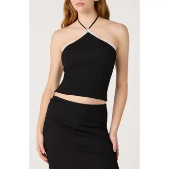 ASTR the Label Milana Lace Detail Rib Halter Top in Black at Nordstrom, Size X-Small