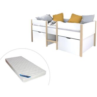 Vente-Unique Vente-unique - Letto mezza altezza 2 cassetti 90 x 190 cm Bianco e rovere + Materasso - sissy