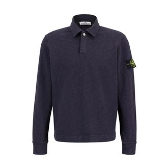 Stone Island Tops, Heren, Blauw, L, Katoen, Vanis&eacute; Geborsteld Heavy Cotton Polo Sweatshirt