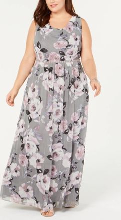 S.L. Fashions Plus Size Floral Maxi Gown In Gray Multi