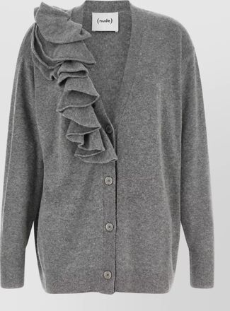 Nude cashmere-blend oversized ribbed v-neck ruffle cardigan