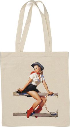 Generic Cowboy Pin Up Girl Natural Cotton Tote Bag White
