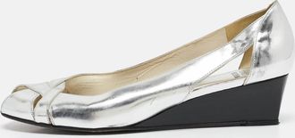 Stuart Weitzman Silver Leather Wedge Peep Toe Pumps