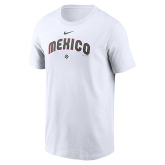 Nike Mexico National Baseball Team 2026 World Baseball Classic Wordmark Nike Mens T-Shirt in White | N19910AWBX-NDZ