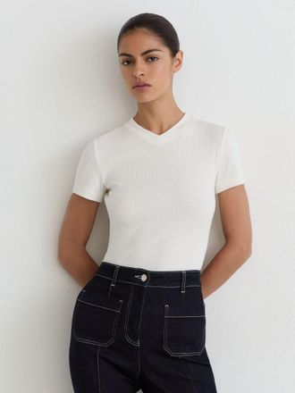 Reiss White Cotton-stretch High V-neck T-shirt, XL