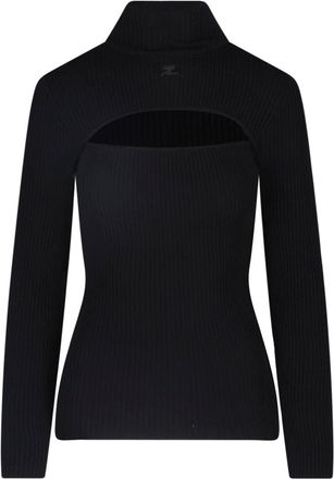 Courr&egrave;ges Black Cut-Out High Collar Ribbed Viscose Knit Sweater