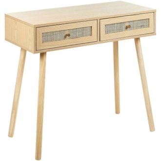 Beliani Tavolino consolle in legno chiaro con due cassetti in rattan Odell