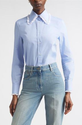 Valentino Lace Trim Cotton Oxford Button-Up Shirt in Blue at Nordstrom, Size 10 Us