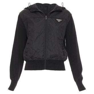 Prada virgin wool nylon front triangle logo zip hoodie