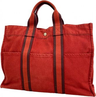 Herm&egrave;s Red Color Canvas Tote Bag (Pre-Owned)