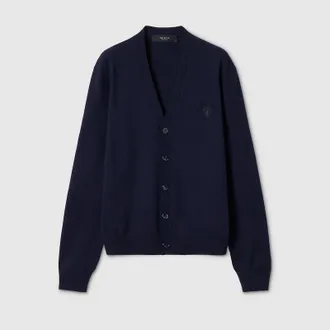 Gucci Knit Wool Cardigan With Embroidery, Size XXXL, Blue, Ready-to-wear