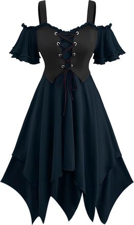 Generic Womens Halloween Outfits Short Sleeve Cold Shoulder Lace-Up Corset Victorian Renaissance Vintage Dresses Medieval Themed Party Dress Navy Plus Size 14