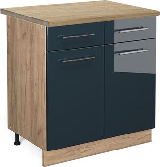 Vicco Mueble Bajo De Cocina Fame-line, Azul Oscuro Alto Brillo, 80 Cm, Et Roble