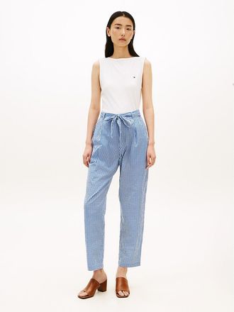 Tommy Hilfiger Womens Belted Gingham Seersucker Tapered Pant - Blue - XL
