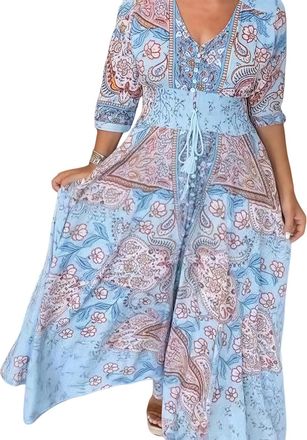 Generic Womens Elegant Floral Drawstring Long Dress, Boho for Summer V-Neck Adjustable Waist Breathable Dress for Vacation (Blue,XL)