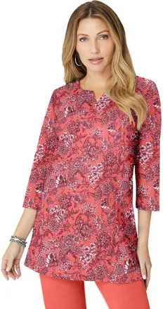 Roaman's Plus Size Three Quarter Sleeve Notch Neck Soft Knit Tunic in Coral Briar Rose at Nordstrom, Size 44