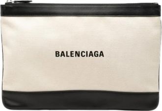 Balenciaga Pre-owned Navy Clip - Dames - Vintage Clutch - Beige - ONE Size - Leer - Vintage