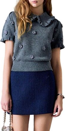 English Factory Pearl Bead Floral Short Sleeve Sweater in Heather Grey at Nordstrom, Size Large