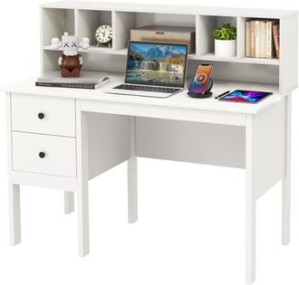 Costway Scrivania con Cassetti e Libreria, Scrivania Moderna con Prese Elettriche, 5 Vani, 2 Cassetti e Porte usb, Scrivania Salvaspazio da Ufficio e Casa