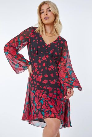 DUSK Rose Border Print Chiffon Dress