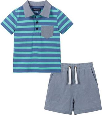 Andy & Evan Stripe Stretch Cotton Piqu&eacute; Polo & Shorts Set in Blue Stripe at Nordstrom, Size 18-24M