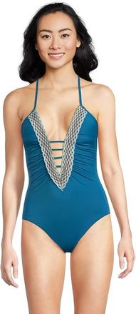 BECCA by Rebecca Virtue Harmonia Clare Plunge Swimsuit Womens Lagoon Stretch One-Piece BUU129