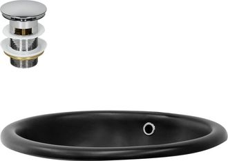 ECD Germany Lavabo baño de cerámica negro ovalado empotrado con juego drenaje