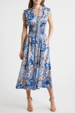 Vince Camuto Scarf Print Zip Front Midi Dress in Blue Multi at Nordstrom, Size 14