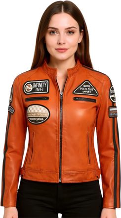Infinity Leather Dames oranje leren bikerjack met racebadges - Dalby