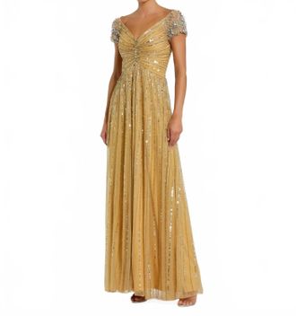 Mac Duggal Sequined Evening Gown With Embellished Shoulders In Gold