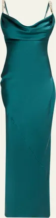Balmain Cowl-Neck Embroidered Strap Silk Column Gown