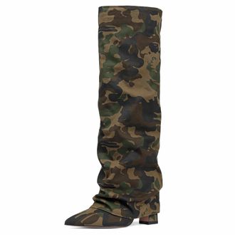 SaraIris Womens Slouchy Knee High Boots Black Pointed Toe Fold Over Chunky Shark Boots, 2 camouflage, 8 UK