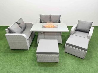Fimous High Back Poly Rattan Garden Furniture Set w/ Reclining Chair Loveseat Sofa Firepit Dining Table Indoor Outdoor Patio Set 2 Big Stool Light
