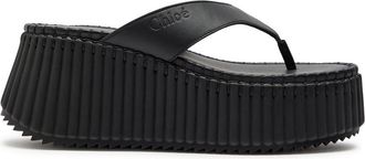 Chlo&eacute; Nama 80 Thong Leather Wedge Sandals - Black - 39 (IT39 / UK6)