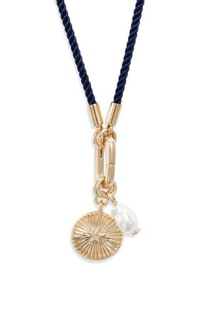 Nordstrom Faux Pearl Charm Cord Necklace in Navy- White- Gold at Nordstrom