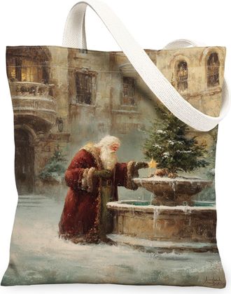 Generic Christmas Santa Canvas Tote Bags, Vintage Holiday Art Reusable Grocery Bags, Lightweight Washable Shoulder Strap for Travel Beach Picnic 13x15 Inch