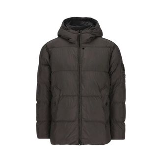 Stone Island Jassen, Heren, Grijs, S, Leer, Gevoerde Jas met Capuchon