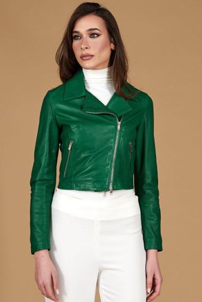 D'Arienzo Giacca corta in pelle naturale verde stile chiodo DArienzo, Seleziona Taglia XS, Colore Verde