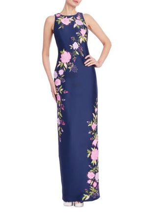 Badgley Mischka Floral Embroidered Column Gown in Navy at Nordstrom, Size 10