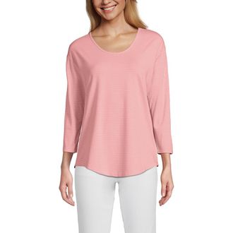 Lands End 3/4 Sleeve Lightweight Jersey U-Neck Tunic in Sunset Coral Pink Thin Stripe at Nordstrom, Size Medium P