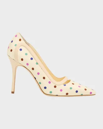Manolo Blahnik Labama 105mm Polka-Dot Silk Stiletto Pumps