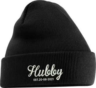 Generic Personalised Embroidered Hubby & Wifey Beanie Cap Your Custom Birthday Year Couple Design Marriage Anniversary Unisex Gift Beanie Hat (Black)
