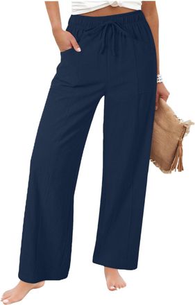 Generic Cotton Linen Trousers for Women UK Summer Casual Elastic High Waist Lounge Pants Straight Wide Leg Trouser Pockets Ladies Palazzo Loose Comfy Solid Bo