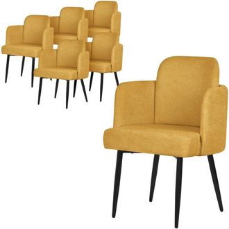 ML Design Ml-design 6x Sillas De Comedor Con Funda De Tela Mostaza, Asiento Sof&aacute; De Sal&oacute;n Con Respaldo Y Reposabrazos De Rat&aacute;n Mueble Tapizado Con Patas De Meta